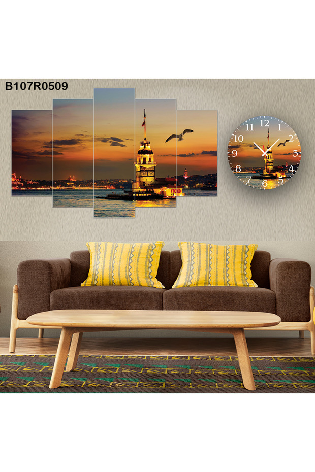Parçalı Ahşap Duvar Tablo 5 Parça Set Ve saatli - 1