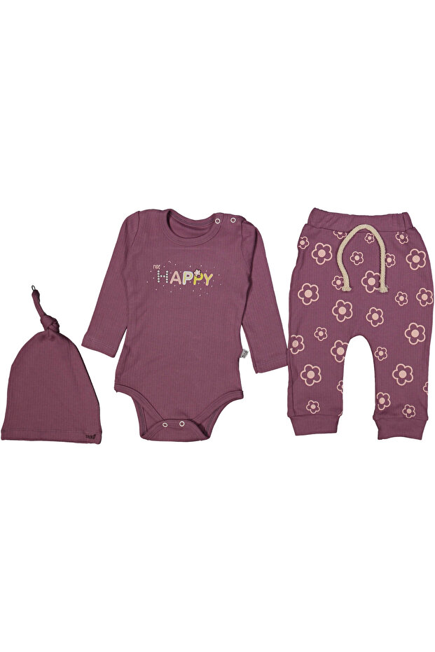 Baby Girl Happy Printed 3-Piece Set with Underwire and Hat
