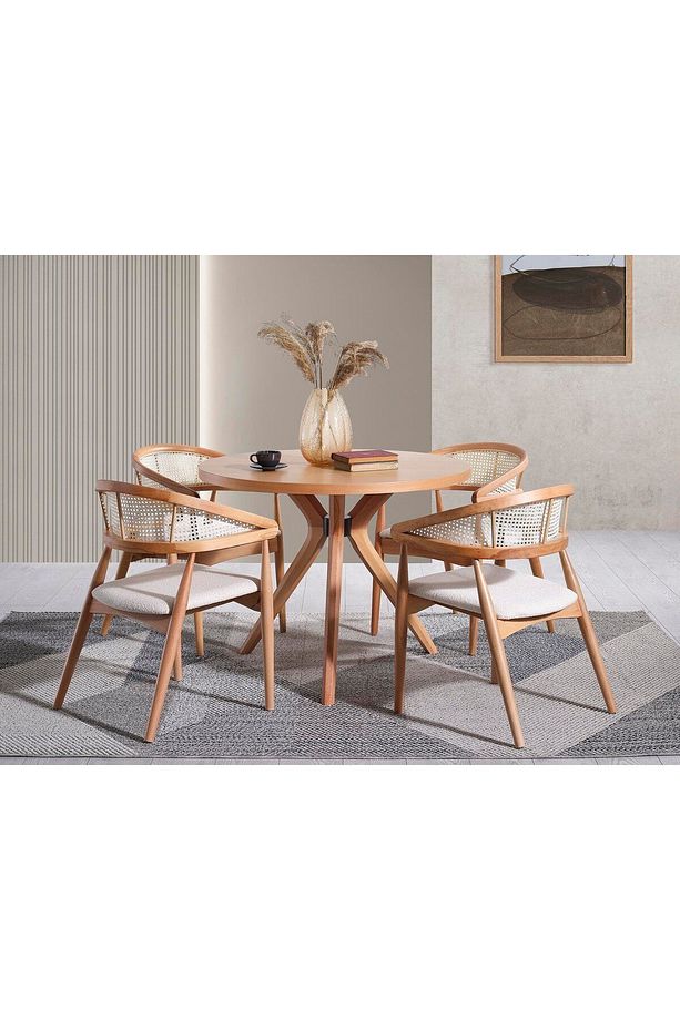 Gazel Hasırlı Krem Teddy Kumaş Hazeran Model Natural Ahşap Bohem Sandalye (1 ADET) - 1