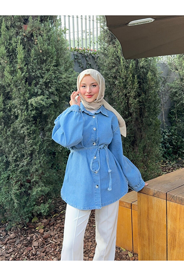 سترة الدنيم مع ربطة الخصر - 1