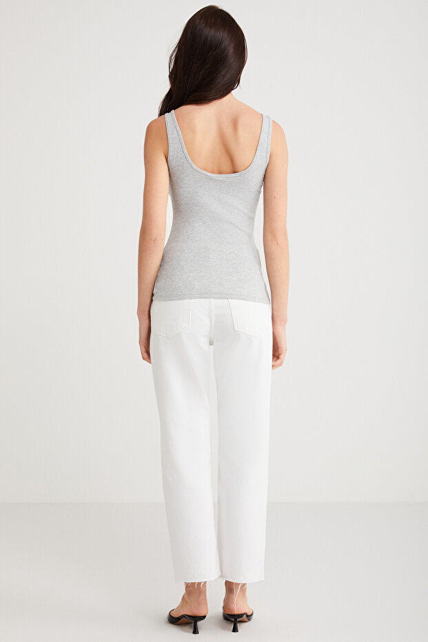 Lıtzy Дамска тениска тениска с копчета Детайли Дебела презрамка Куха яка Сива меланжирана долна риза - 6