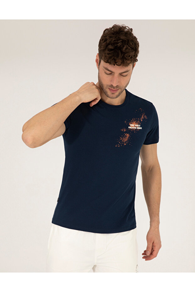 Navy Blue Slim Fit Printed Crew Neck T-Shirt 50262611-Vr033