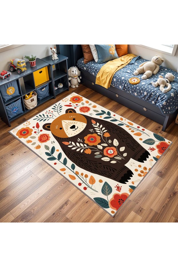 Özge Collection Colorful Leaves and Flowers Cute Bear Patterned Woven Base Decorative Carpet Ozge14