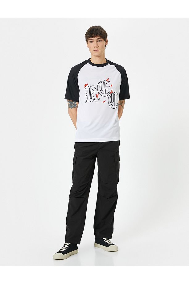 Oversize Tişört Slogan Baskılı Bisiklet Yaka Reglan Kollu - 2