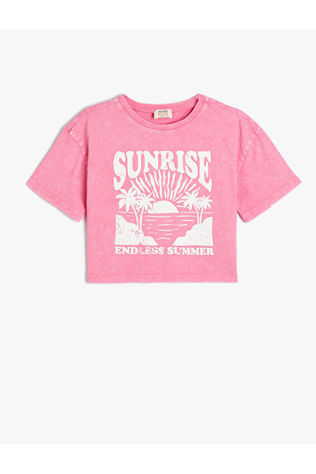Crop T-Shirt Tropical Printed Short Sleeve Crew Neck Cotton