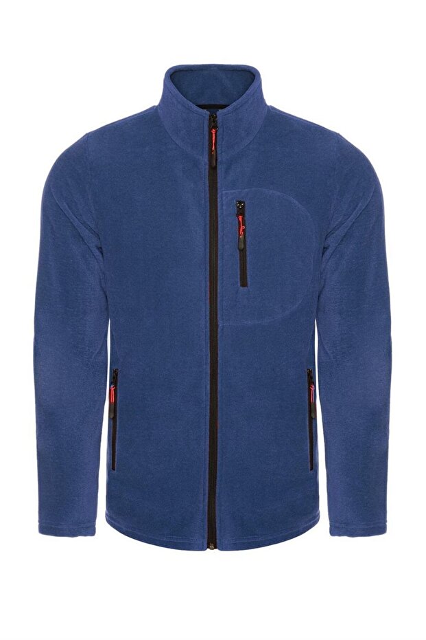 Indigo Color 3 Pockets Full Zipper Men's Fleece - Indigo