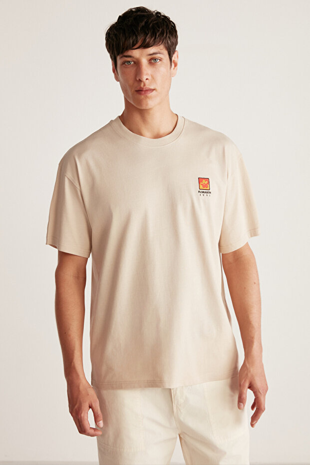 Floraıson Men's Crew Neck 100% Cotton Oversize Beige T-shirt