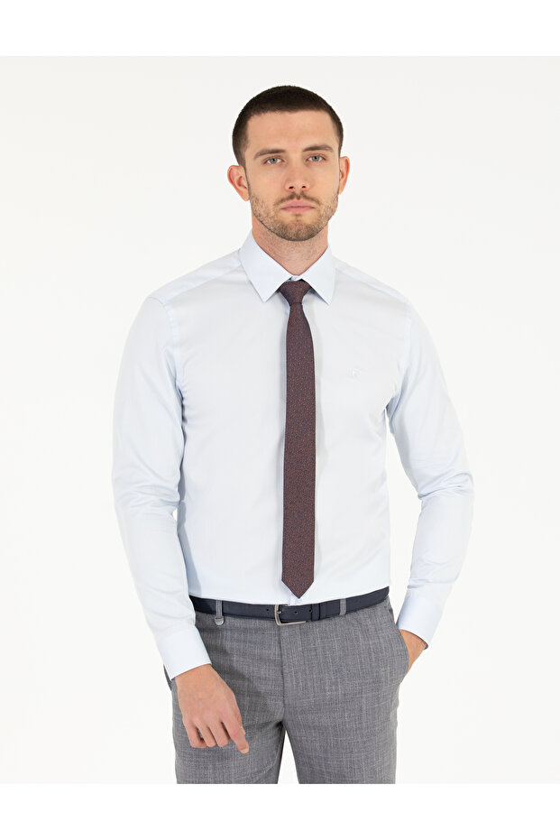 Light Blue 100% Cotton Shiny Satin Slim Fit Long Sleeve Basic Shirt 50268201-Vr003