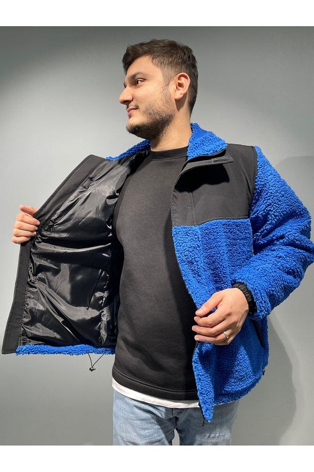 Sax Mavisi Astarlı Kışlık Peluş Mont - 3
