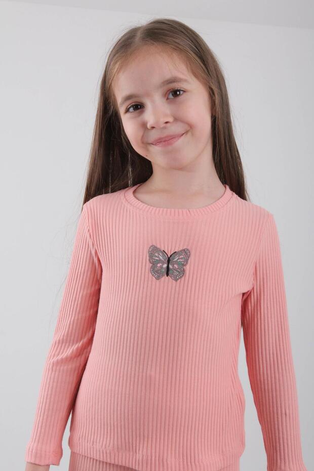 100% Cotton Butterfly Embroidered Girls' Sweatshirt Salmon