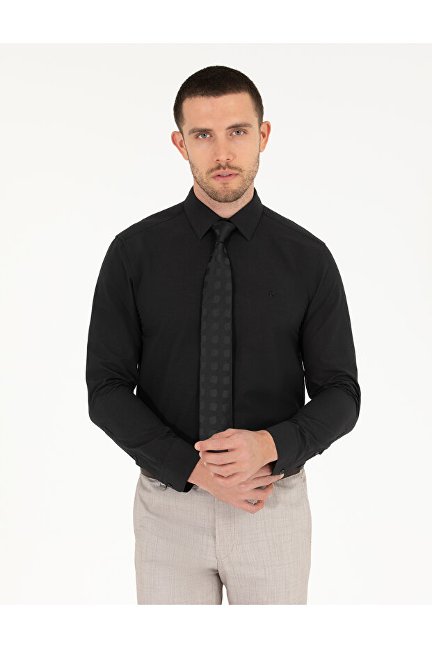 Black Slim Fit Long Sleeve Classic Shirt 50268203-Vr046