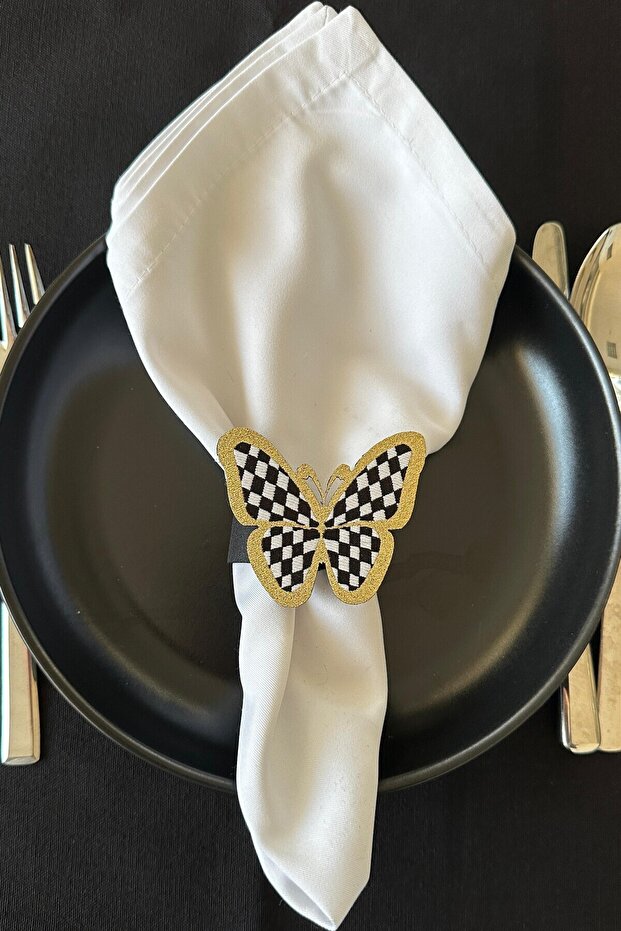 6-Piece Handmade Woven Napkin Ring, 6 Napkin Holders, Napkin Ring, Plaid Black and White Butterfly