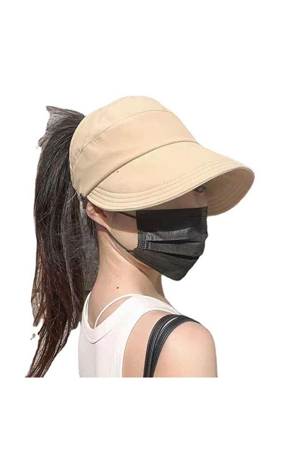 Wide Visor Sun Protection Women's Hat Mask Attachment Buttoned Tennis Sports Hat Cream