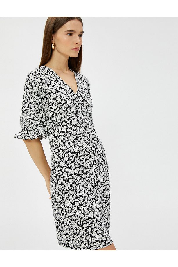 Mini Çiçekli Elbise V Yaka Kısa Kollu Ecovero® Viscose - 2