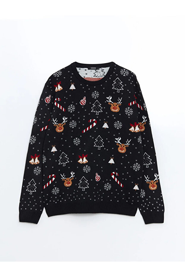 XSIDE Lacivert Bisiklet Yaka Yılbaşı Temalı Erkek Triko Kazak - 1