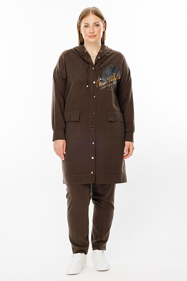 Modailgi Kapüşonlu Baskılı Tunik Kahve - 1