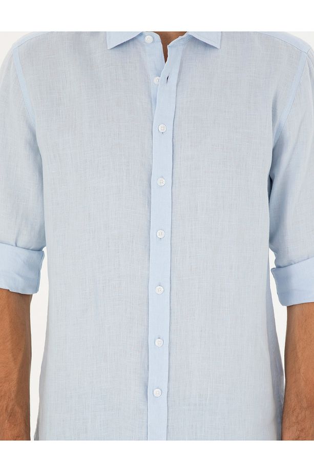 Açık Mavi Keten Regular Fit Uzun Kollu Gömlek 50284915-VR095 - 6