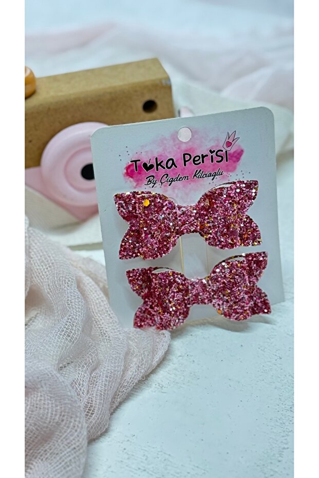 Pink Glittery Mini Bow 2-Piece Metal Clip Buckle