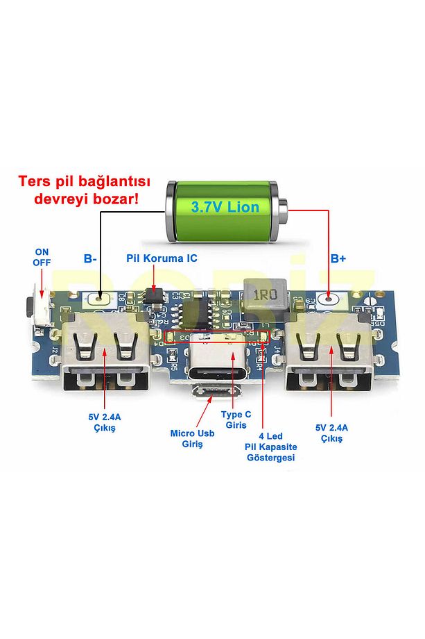 Powerbank Devresi 5V 2.4A Dual Usb Çıkış Type C Micro Usb Giriş Lityum Lion 3.7V 18650 Pil Şarj Mob - 5