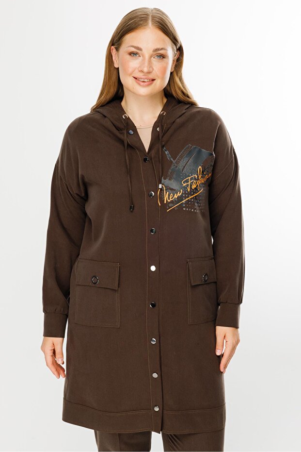 Modailgi Kapüşonlu Baskılı Tunik Kahve - 5