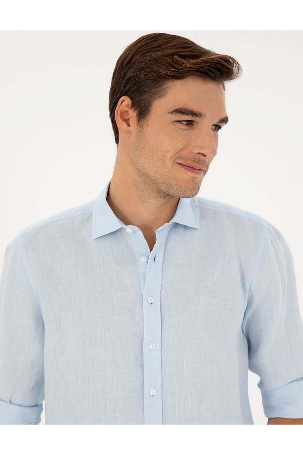 Açık Mavi Keten Regular Fit Uzun Kollu Gömlek 50284915-VR095 - 2