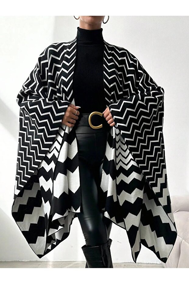 kadın çift taraflı kullanılabilen örmeli şal panço - 5