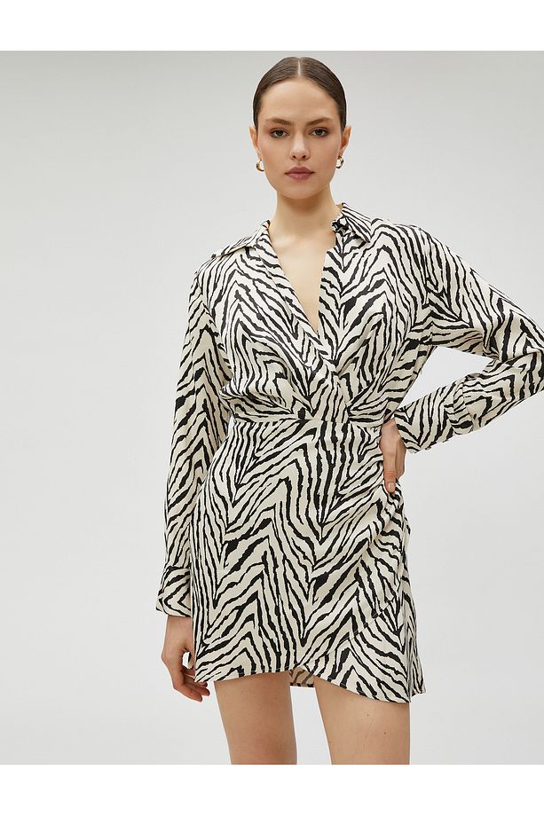 Zebra Desenli Mini Elbise Viskon Uzun Kollu - 2