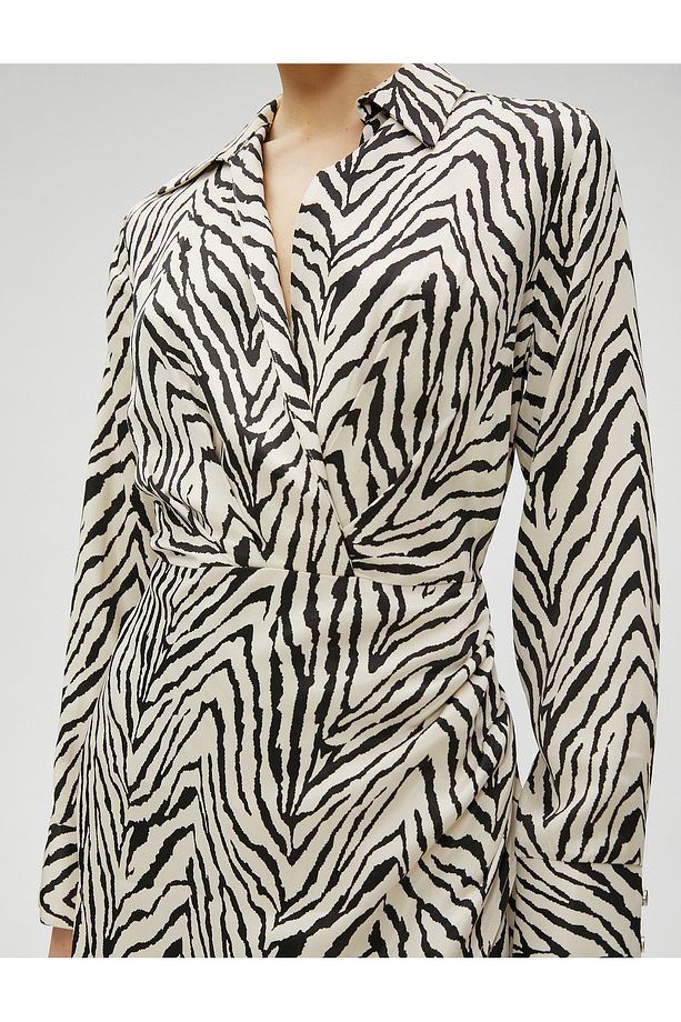 Zebra Desenli Mini Elbise Viskon Uzun Kollu - 5