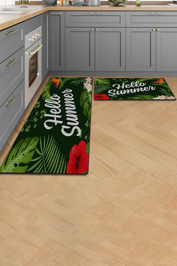 Hello Summer Yeşil Mutfak Matı Halısı Yıkanır Kaymaz Taban Tezgah Önü Paspası Ikili Set - 1