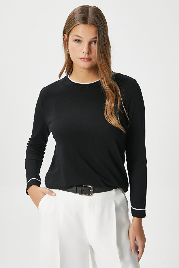 Women's Luxe Contrast Black Crew Neck Viscose Knitwear Sweater