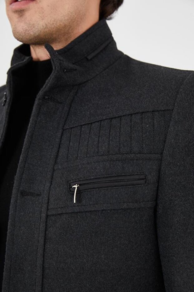 Slim Fit Mock Neck Long Melton Coat 330