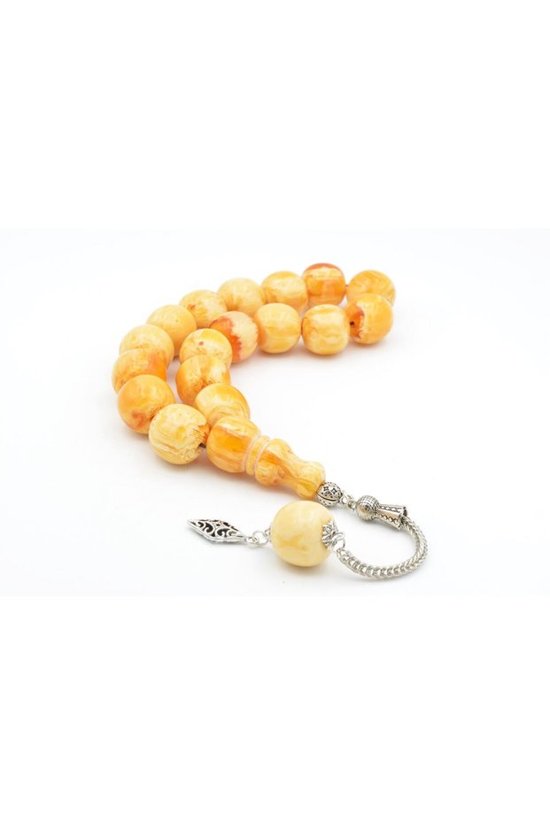 Printed Globe Cut Moire Orange Crimped Amber Efe Mascot Prayer Beads