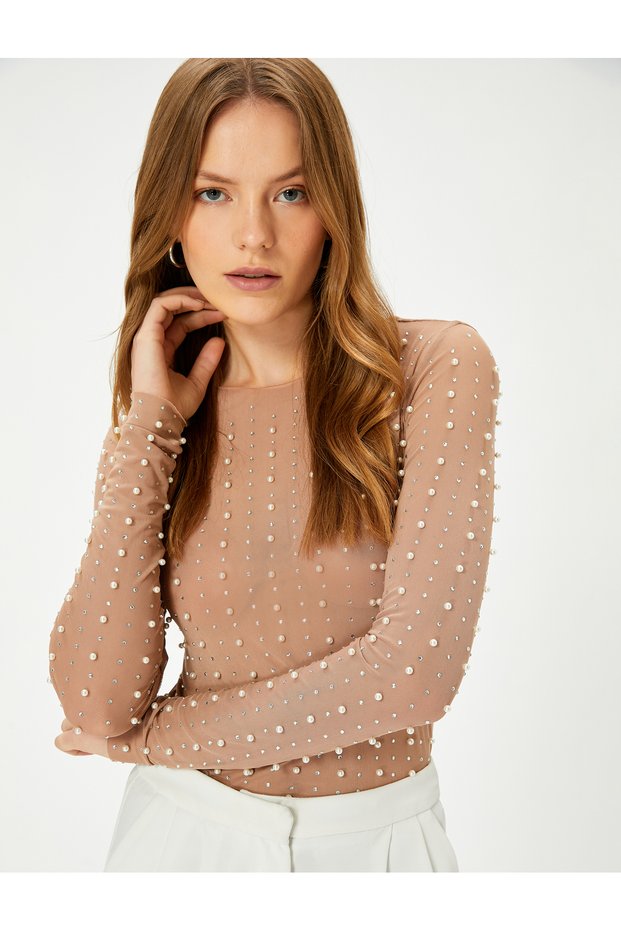 Evening Dress Blouse Stone Pearl Detailed Long Sleeve Crew Neck Slim Fit