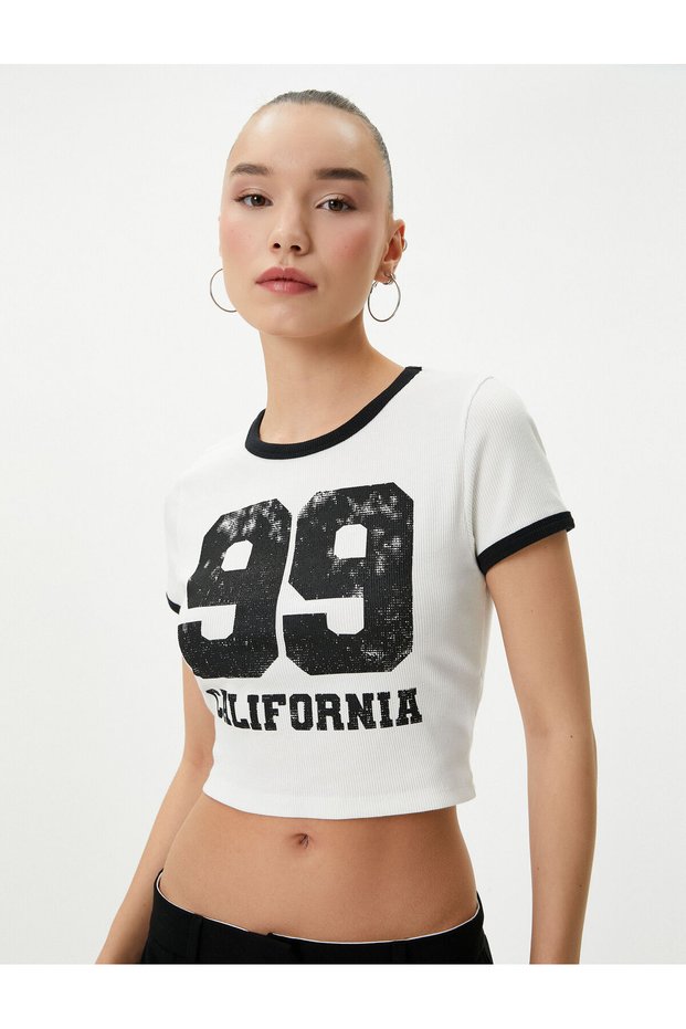 College Crop T-Shirt Printed Piping Short Sleeve Crew Neck Cotton Ribbed