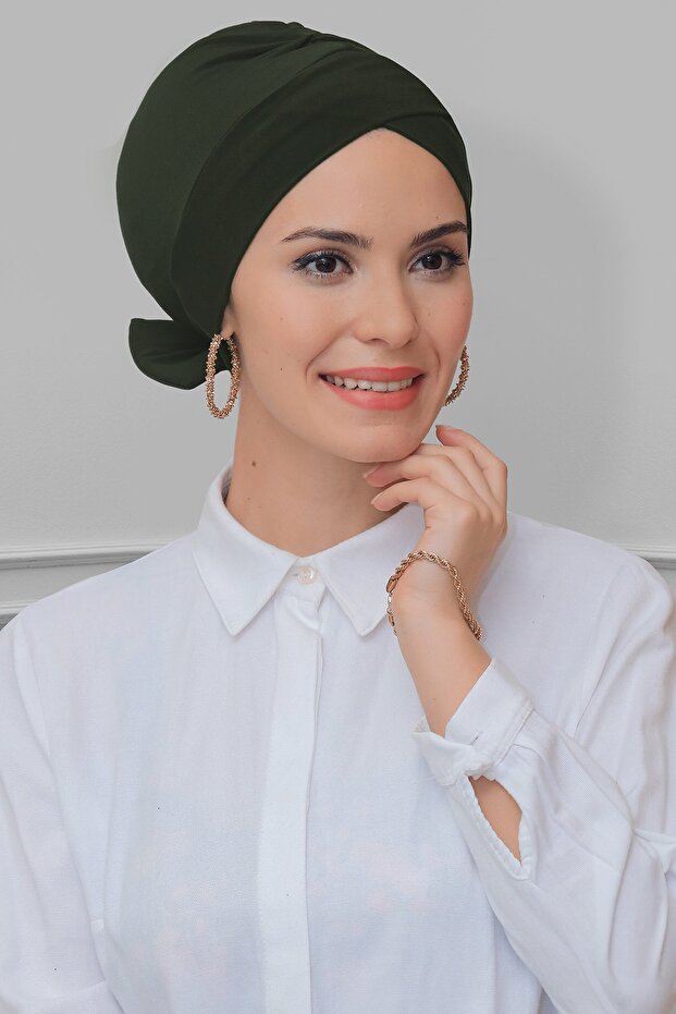Khaki Practical Ready-made Snap-On Hijab Bonnet Sandy Fabric With Bow Double Sided Single Cross 1833_09