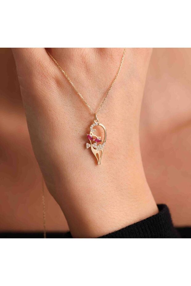 Sevimli Altın Kedi Kolye Ruby - 3