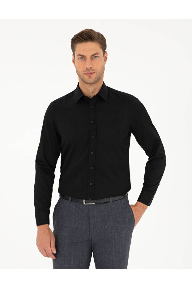 Black Slim Fit Dobby Long Sleeve Shirt 50298071 -Vr046