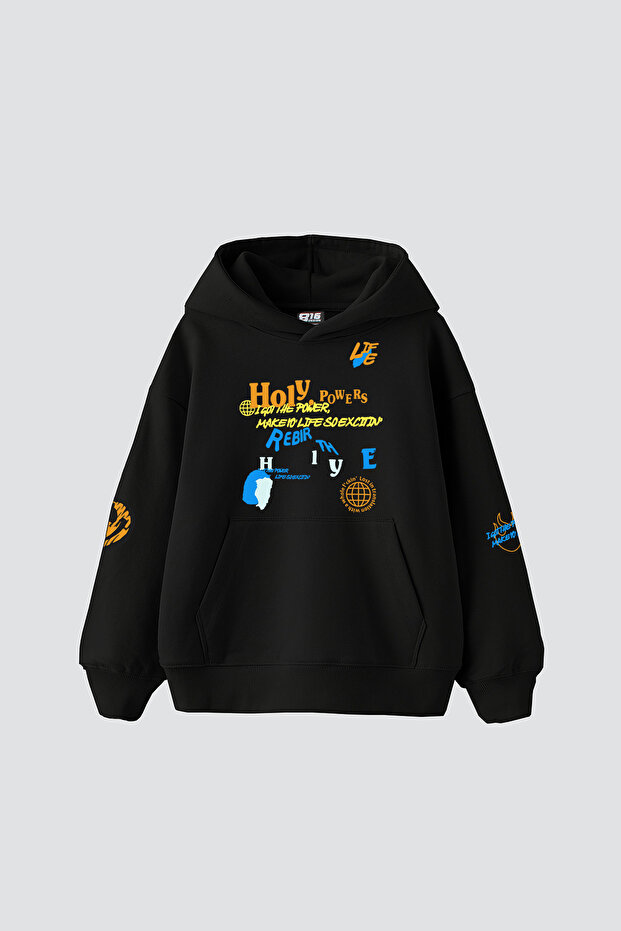 Holy Powers Siyah Oversize Unisex Kapüşonlu Sweatshirt - 3