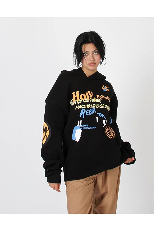 Holy Powers Siyah Oversize Unisex Kapüşonlu Sweatshirt - 1