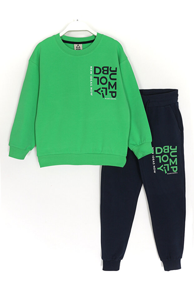 Boys Tracksuit Set - Long Sleeve, Front and Back Print, Brushed Green Navy