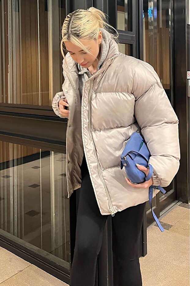 Gri Basic Oversize Kadın Şişme Mont Mg1582 - 1