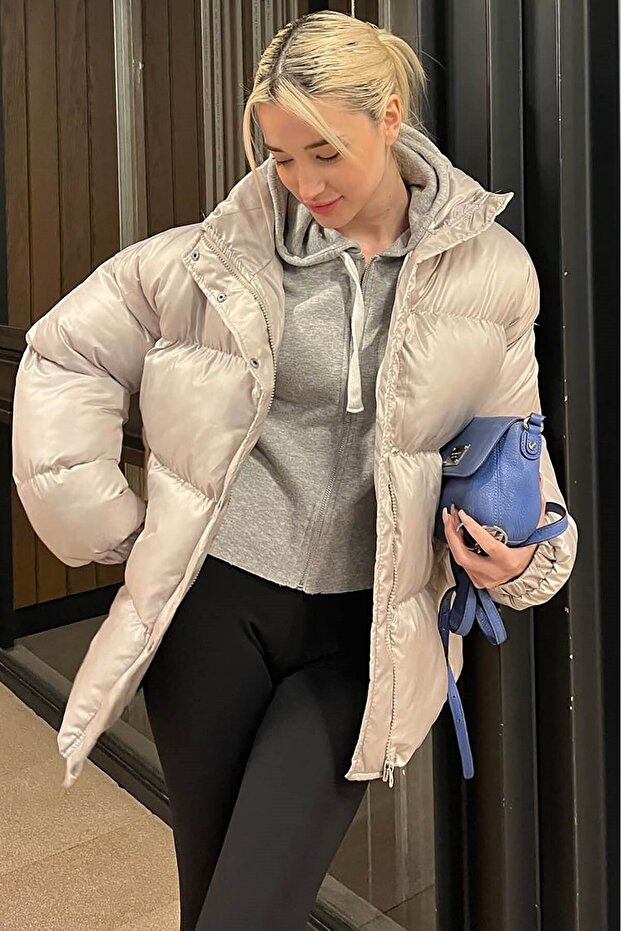 Gri Basic Oversize Kadın Şişme Mont Mg1582 - 5