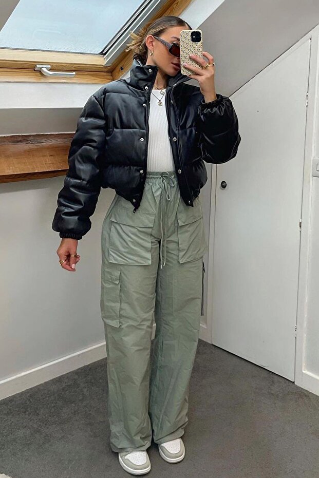 Siyah Kadın Crop Basic Deri Mont Mg1380 - 5