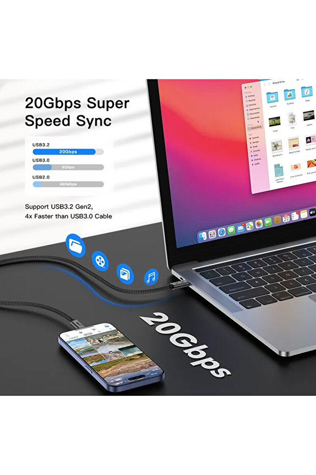 Type C To USB 3.2 Gen2 100W 5A Hızlı Şarj Data ve 4K Görüntü Aktarma Kablosu 20GBPS Gri 1 Metre - 4