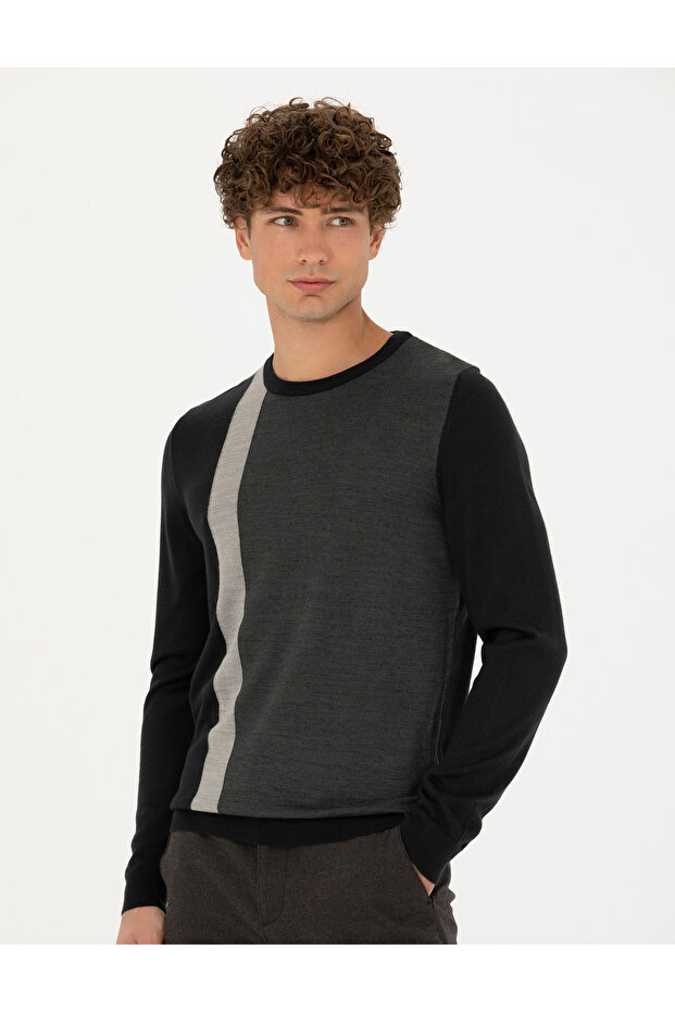 Black Slim Fit Crew Neck Wool Blend Sweater 50278089-Vr046