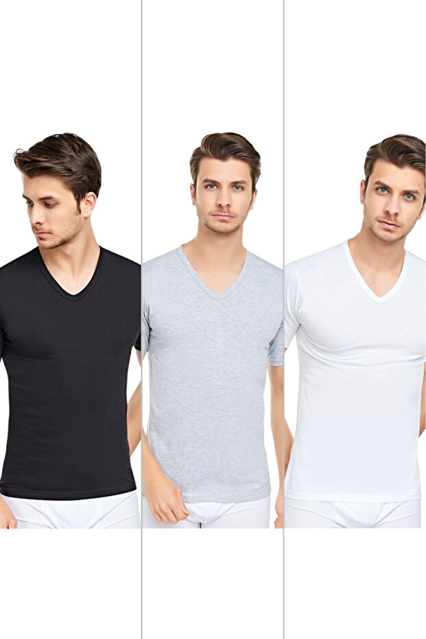 قميص داخلي رجالي برقبة على شكل حرف V نصف كم، 3 قطع - 2