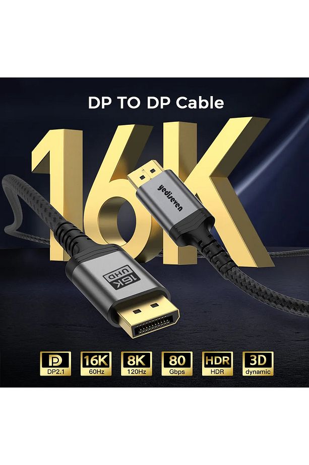 Displayport to Displayport Dp 2.1 Görüntü Aktarma Kablosu 16K@60Hz 80Gbps 3 Metre - 3