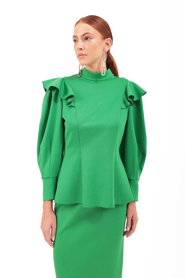 Kolları Volanlı Örme Bluz - 4