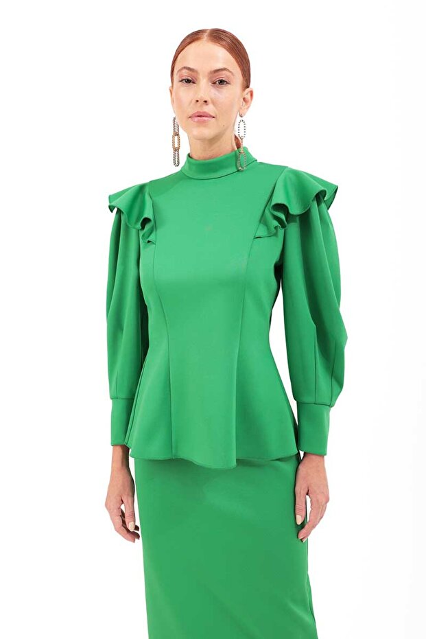 Kolları Volanlı Örme Bluz - 1