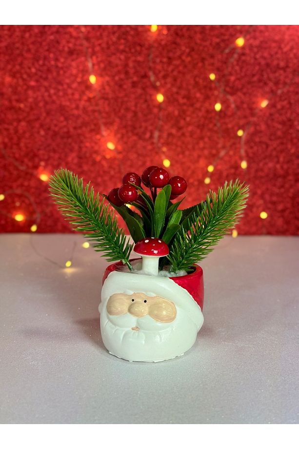 2'li Yeni Yıl Noel Baba ve Kardan Adam Yapay Çiçek Kokinalı Yılbaşı Dekorasyonu Saksı - 2